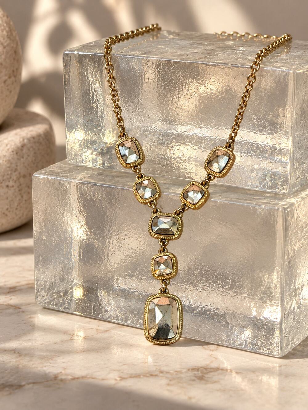 Gold Tone Crystal Rhinestone Y Drop Statement Necklace